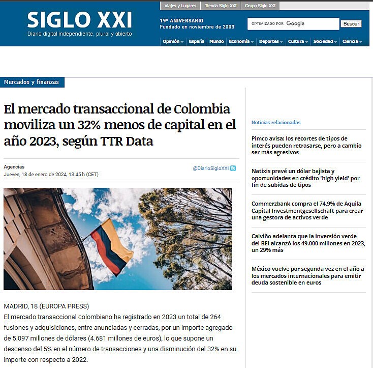 El mercado transaccional de Colombia moviliza un 32% menos de capital en el ao 2023, segn TTR Data